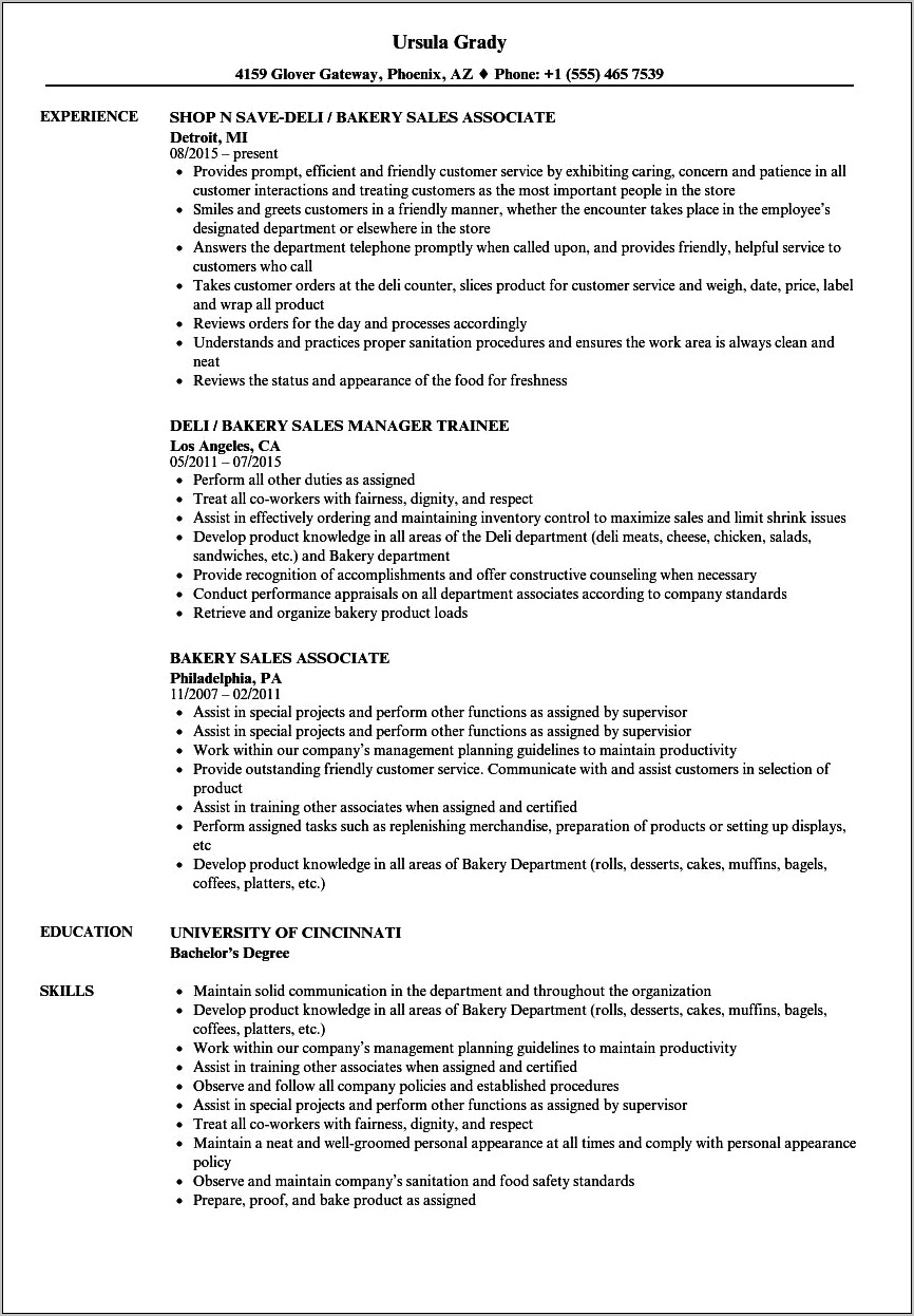 Resume For Working At A Bakery