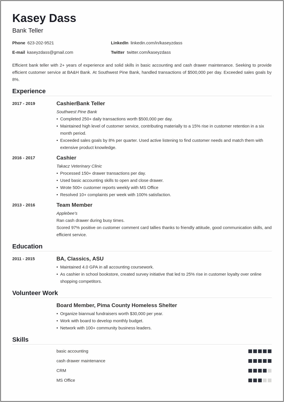 Resume For Working At A Bank