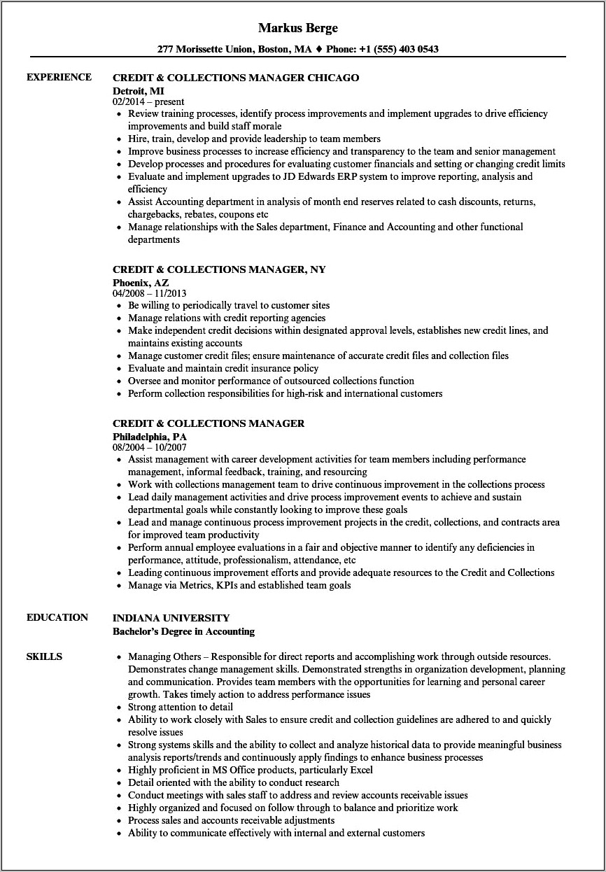 Resume For Working At A Debt Collection Company