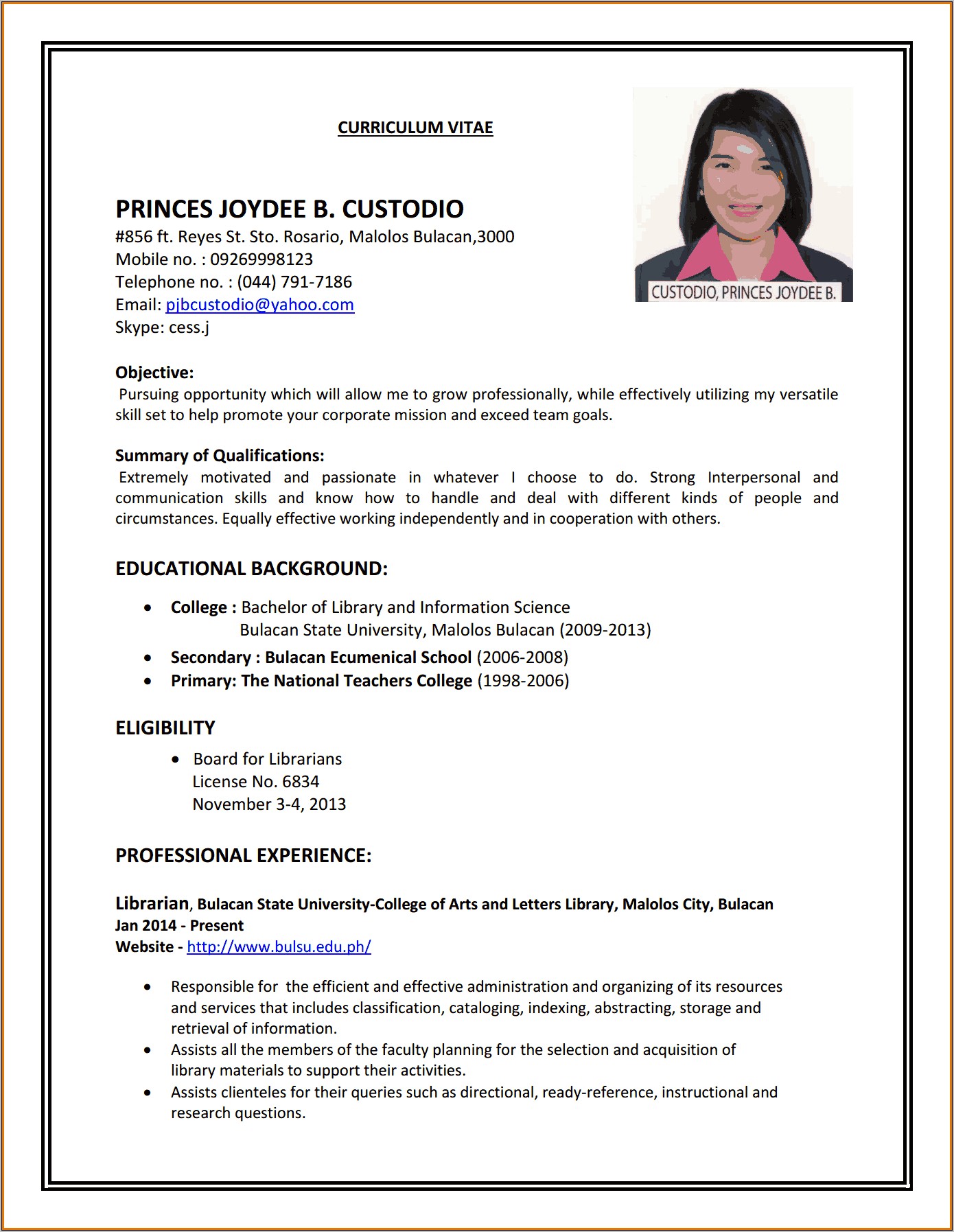 Resume For Working Student In Jollibee