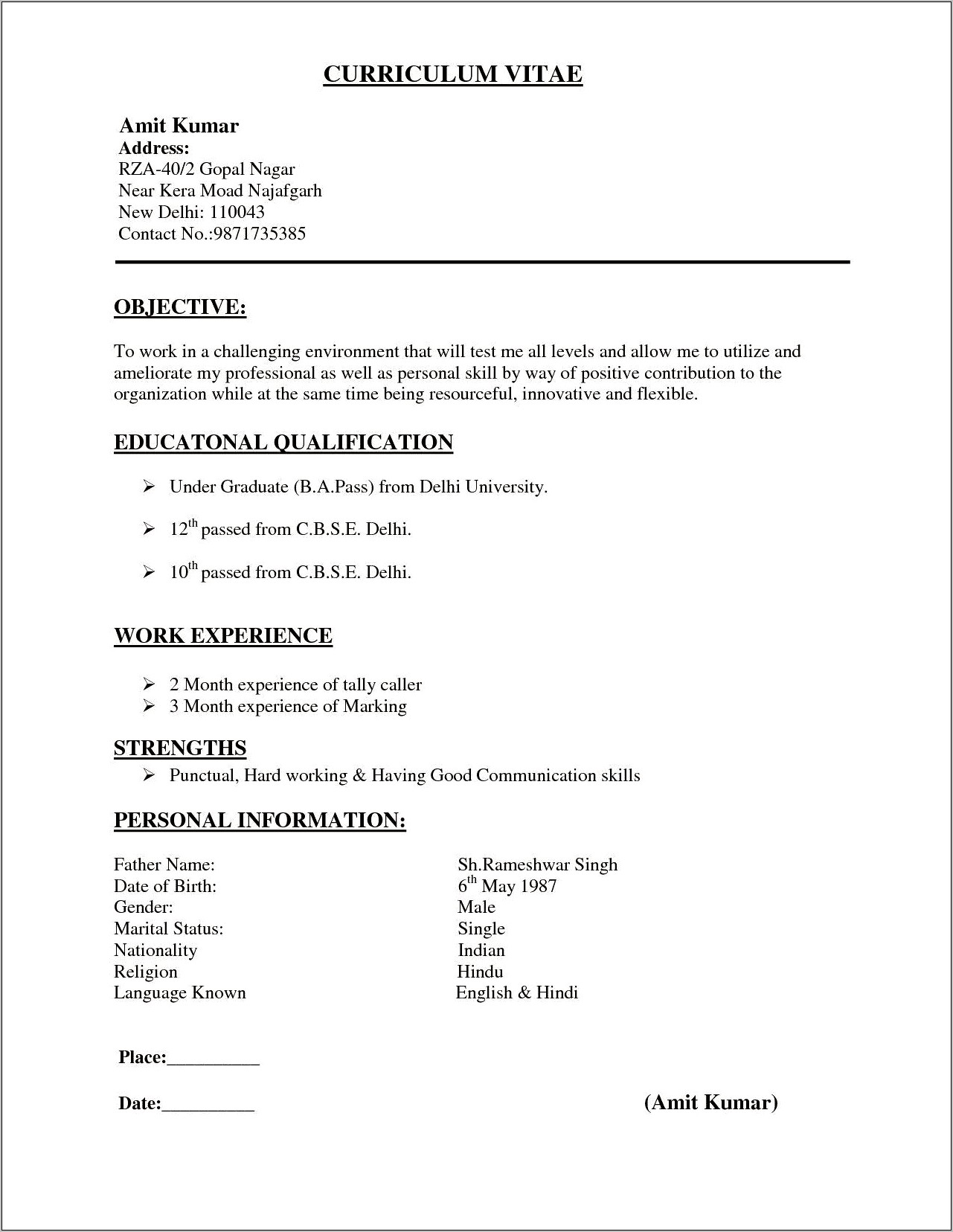 Resume Format For 12th Pass In Word Download