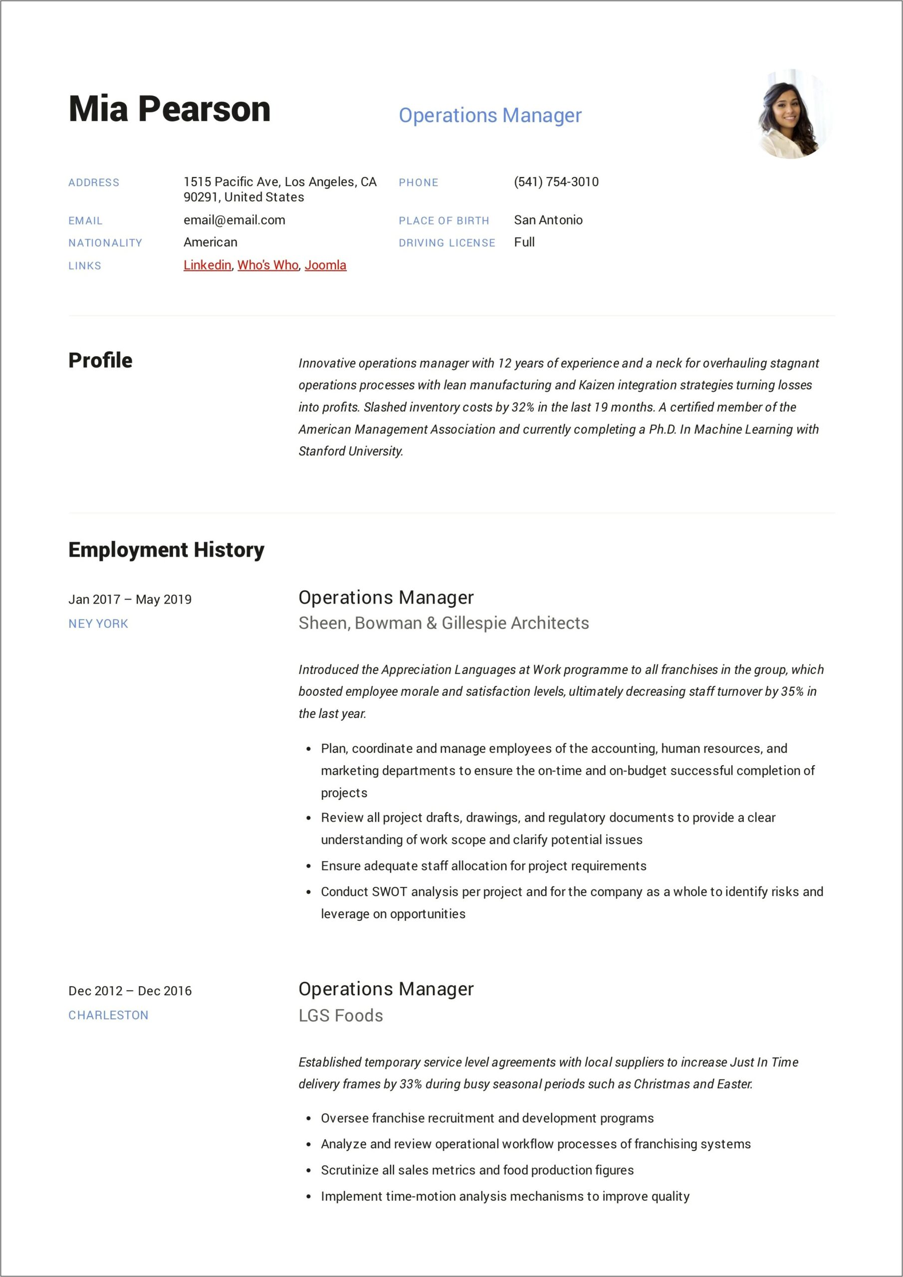 Resume Format For 5 Years Experience In Operations