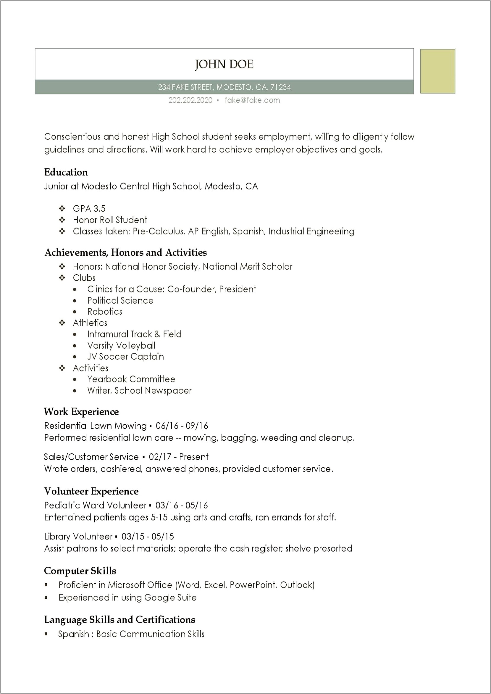 Resume Format For A High School Studen