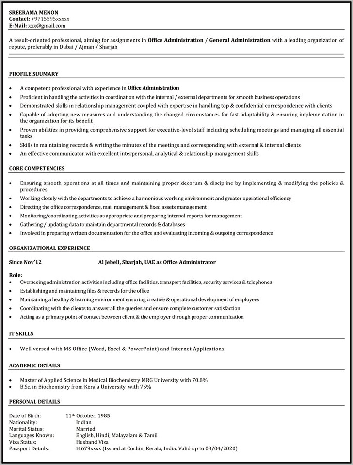 Resume Format For Administration Job In India