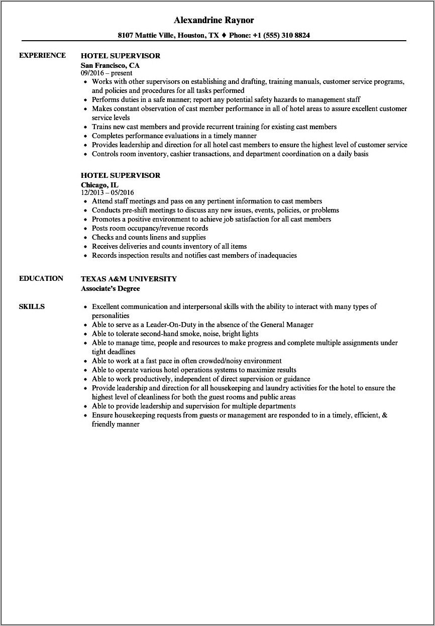 Resume Format For An Hotel Manager