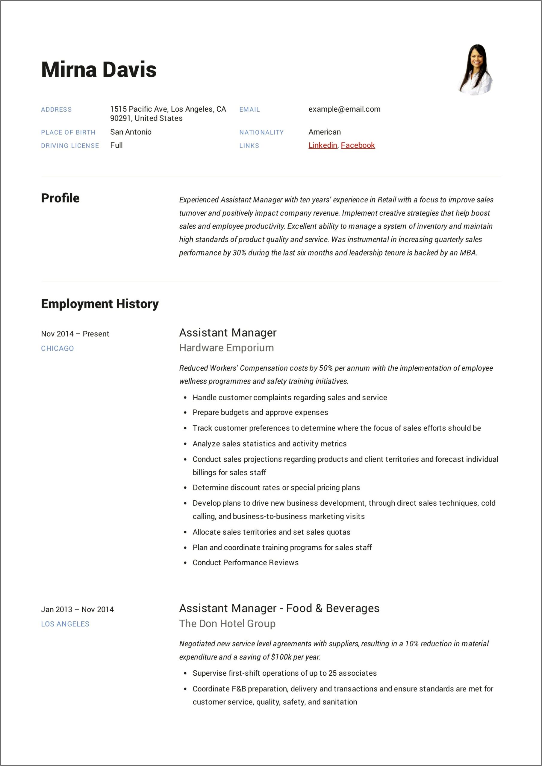 Resume Format For Assistant Manager Training