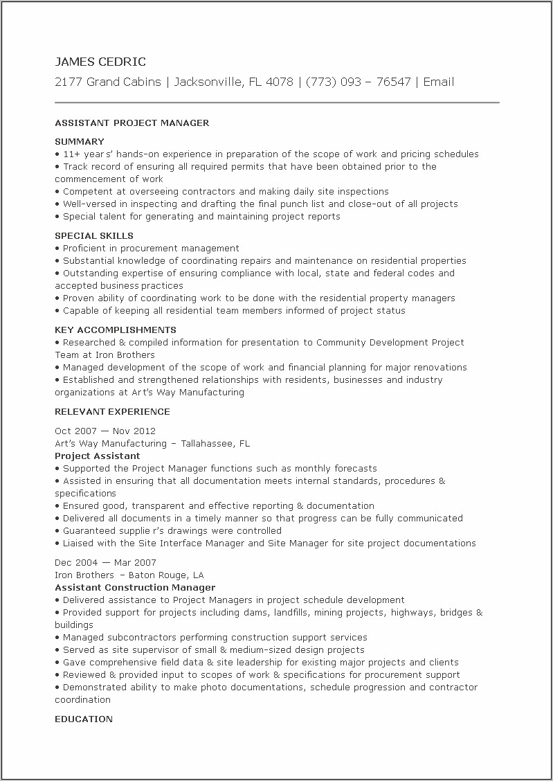 Resume Format For Assistant Project Manager