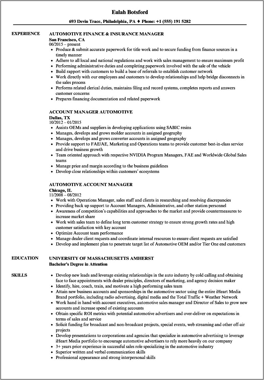 Resume Format For Automotive Service Manager