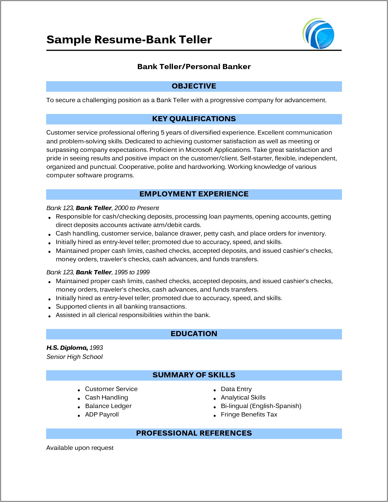 Resume Format For Bank Job Fresher