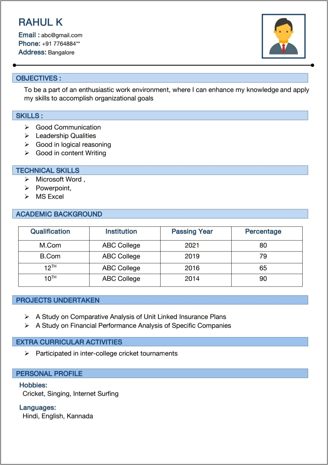 Resume Format For Bcom Freshers In Word