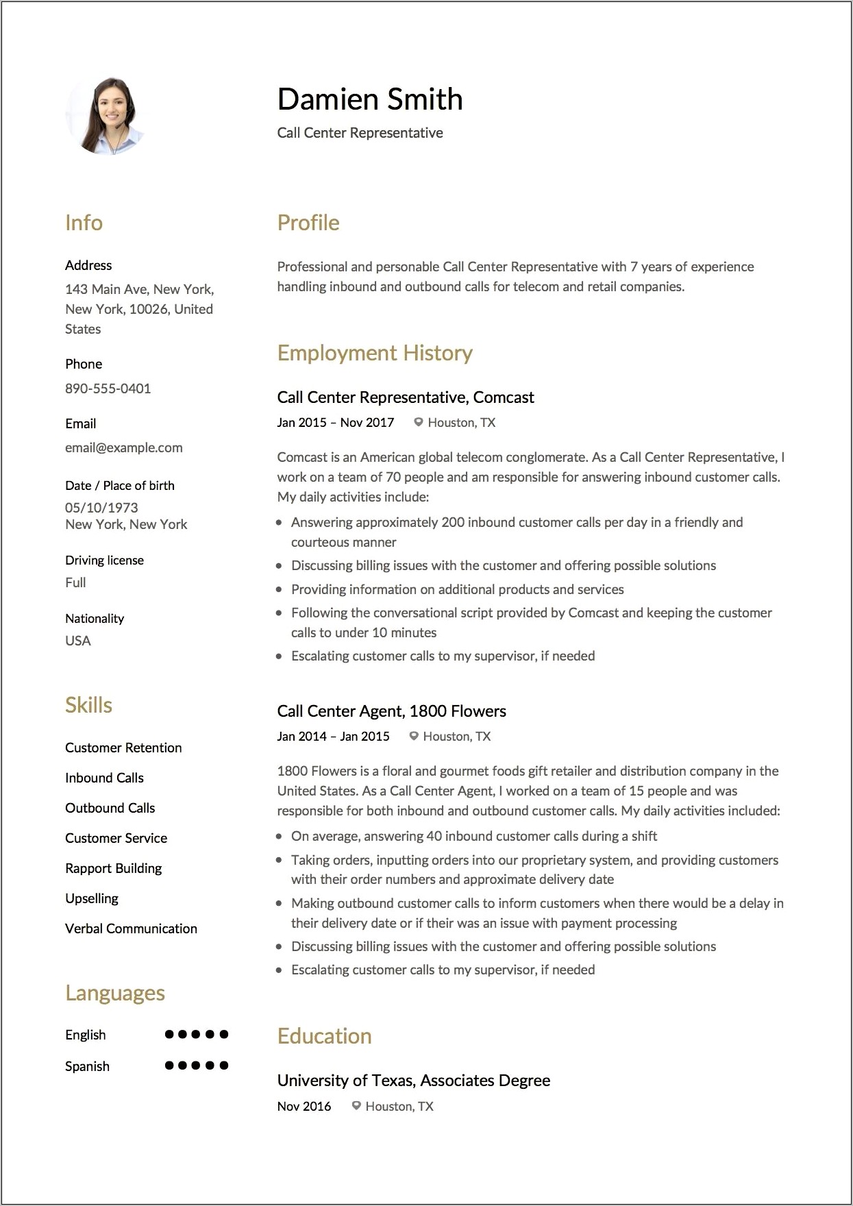 Resume Format For Call Center Experience