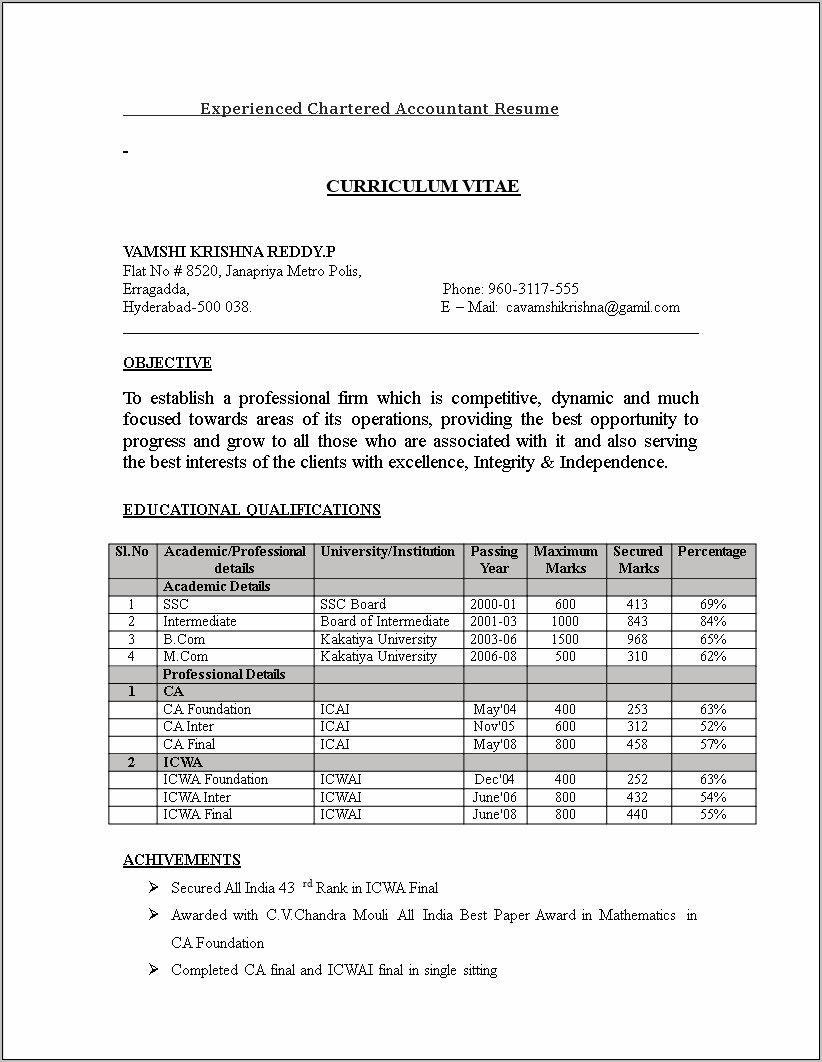Resume Format For Chartered Accountant In Word