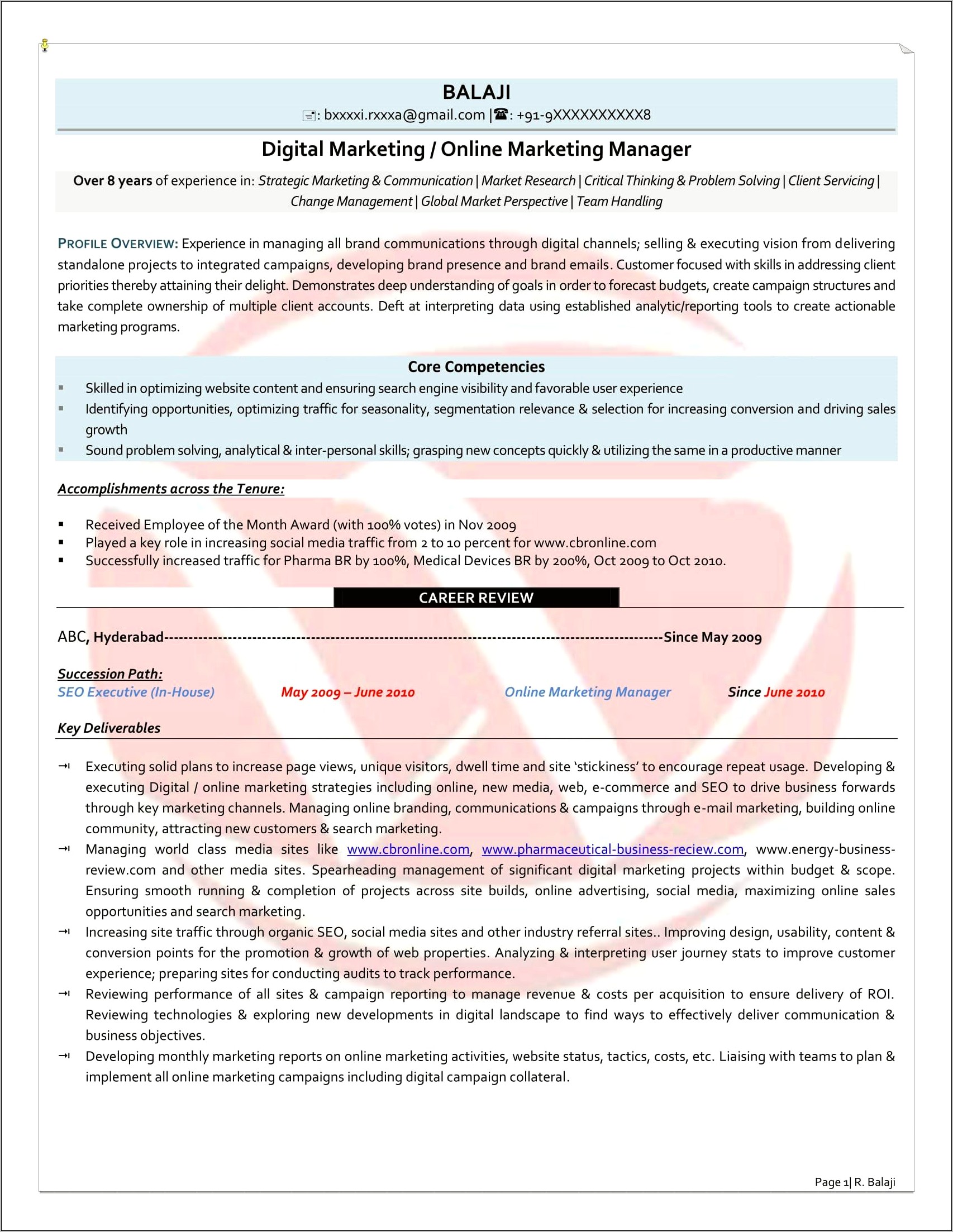 Resume Format For Digital Marketing Manager