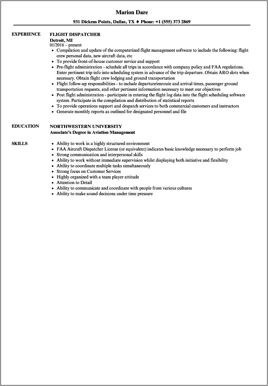 Resume Format For Dispatch Manager