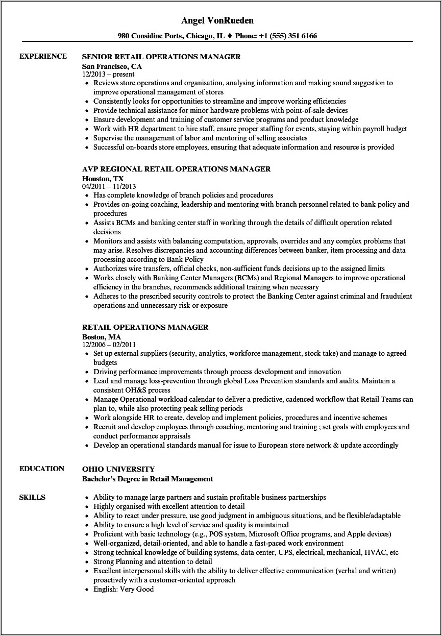 Resume Format For Experienced Operations Manager
