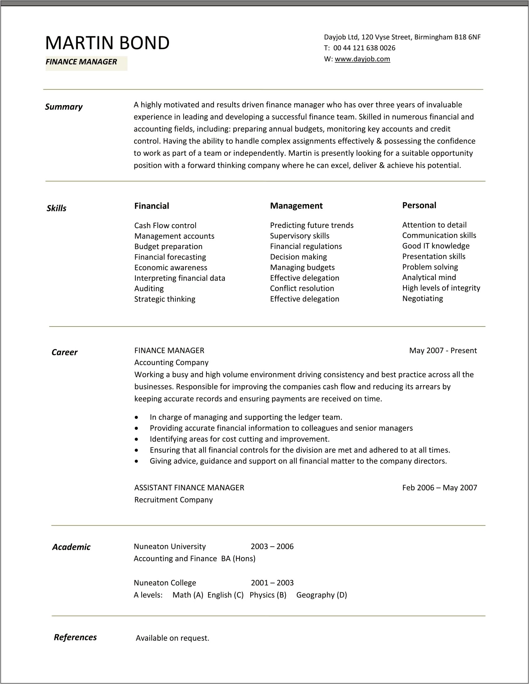 Resume Format For Finance Manager