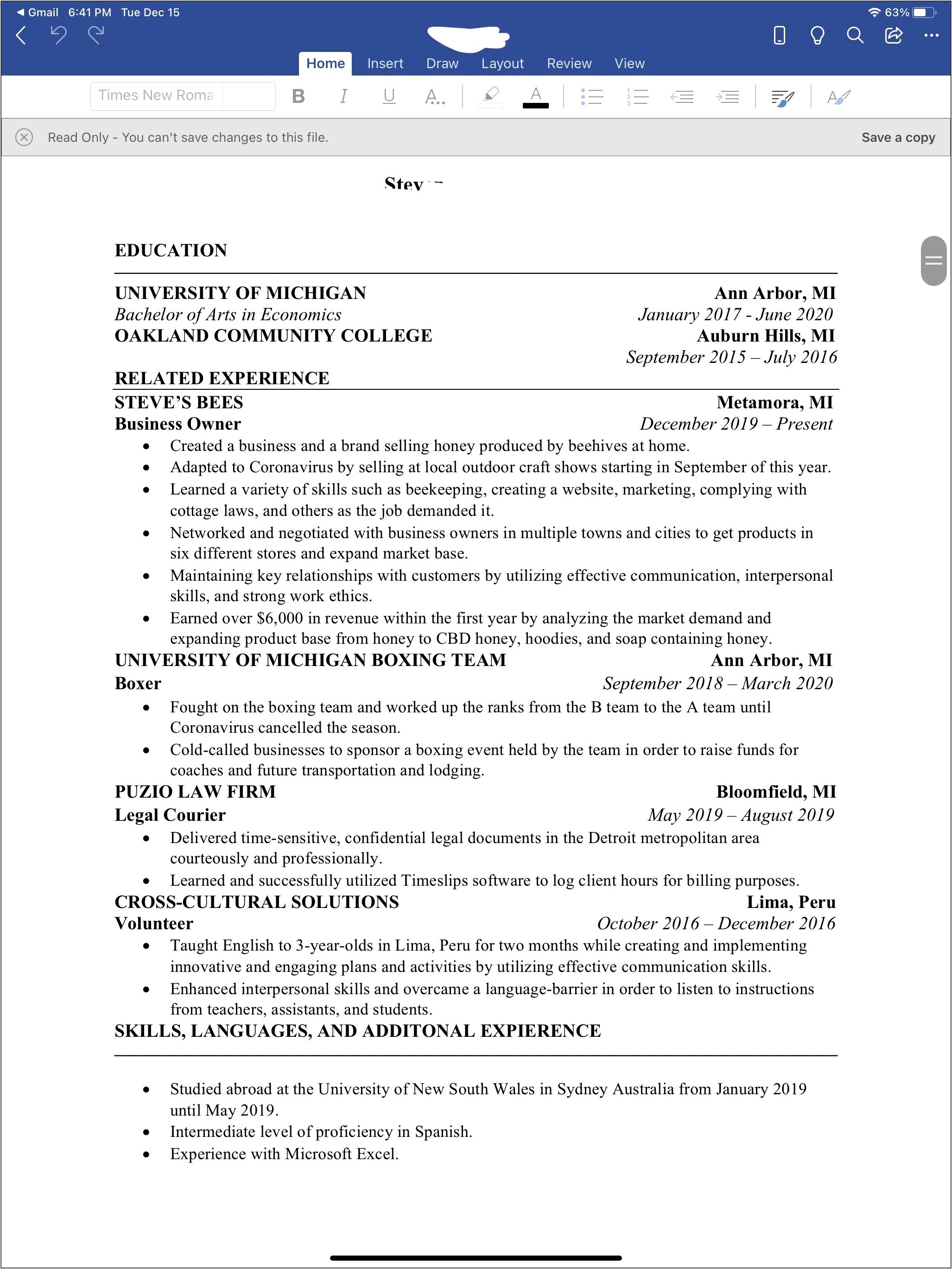 Resume Format For First Job Out Of College