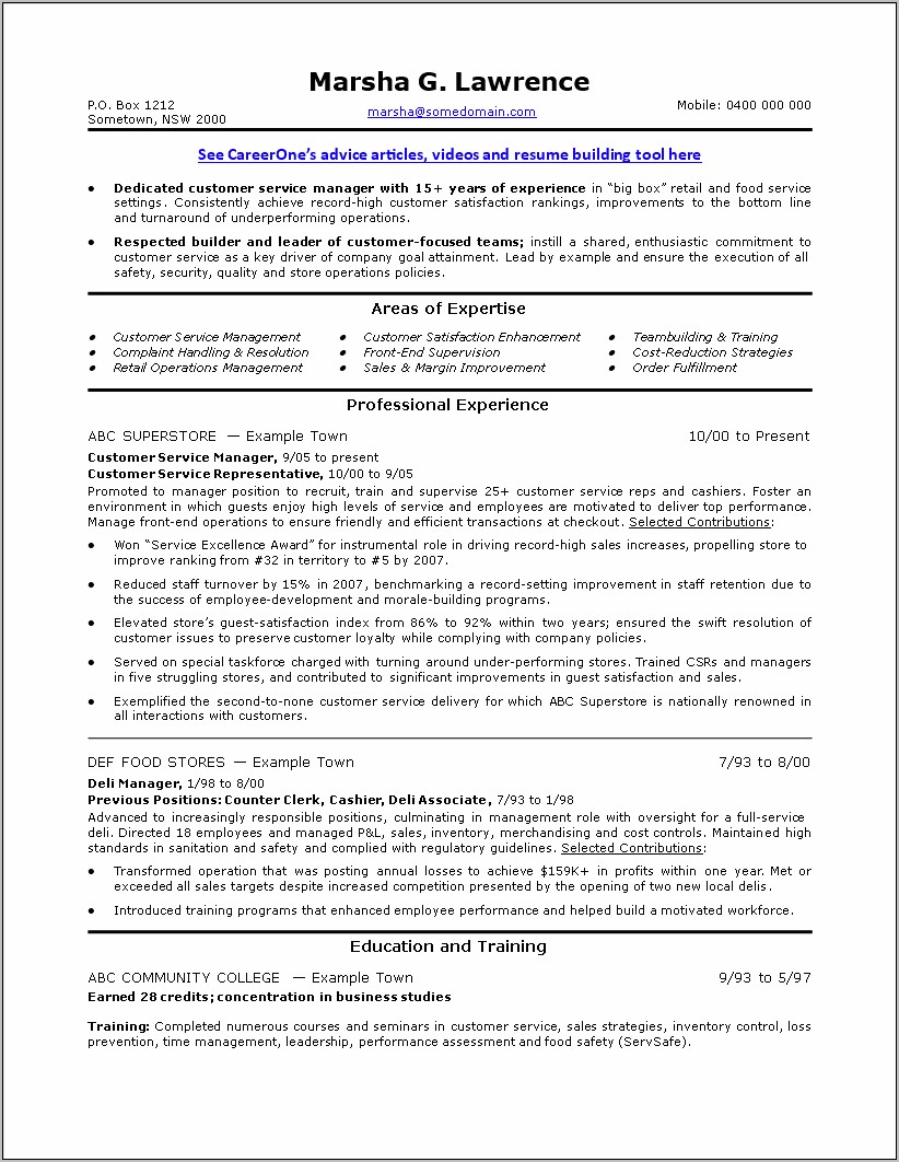 Resume Format For Food Service Manager