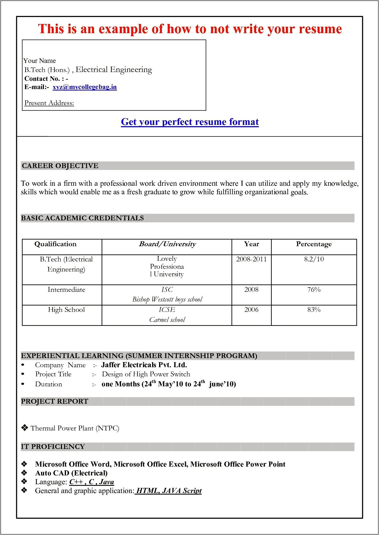 Resume Format For Freshers In Microsoft Word 2007