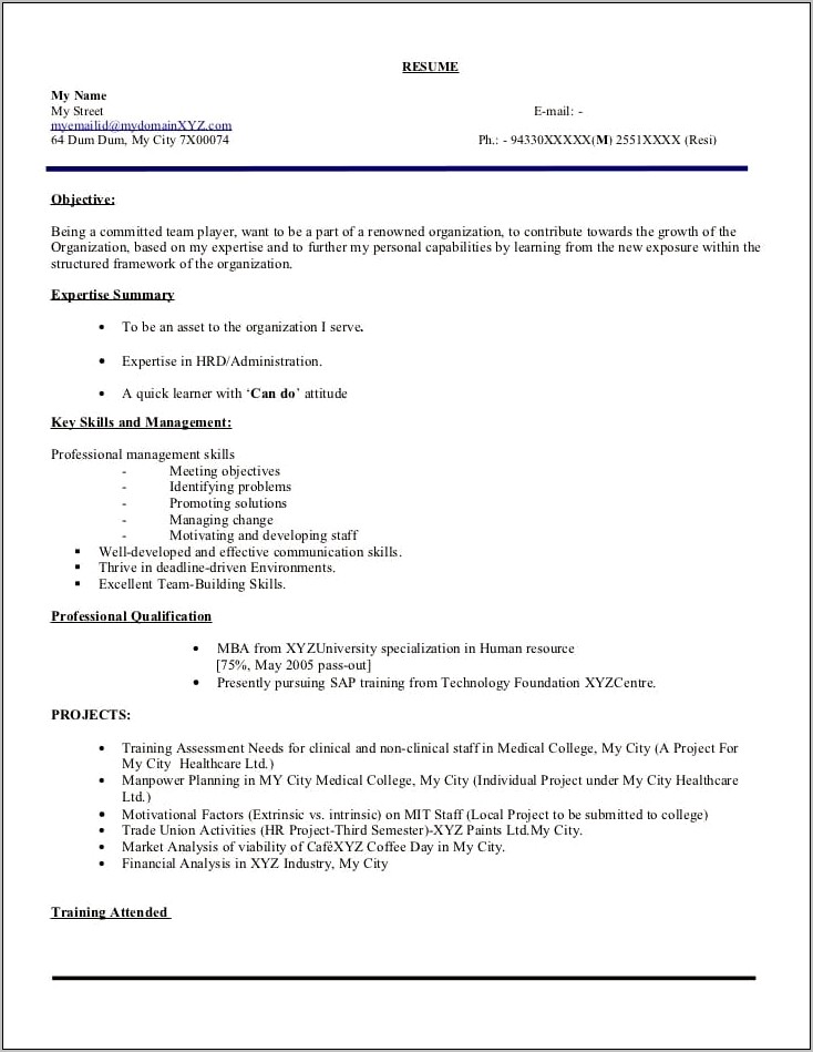 Resume Format For Freshers Mba Hr Free Download