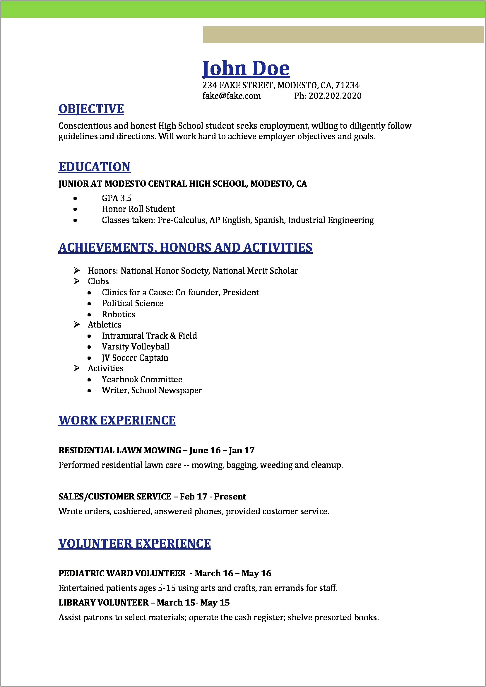Resume Format For High School Junior Volunteers