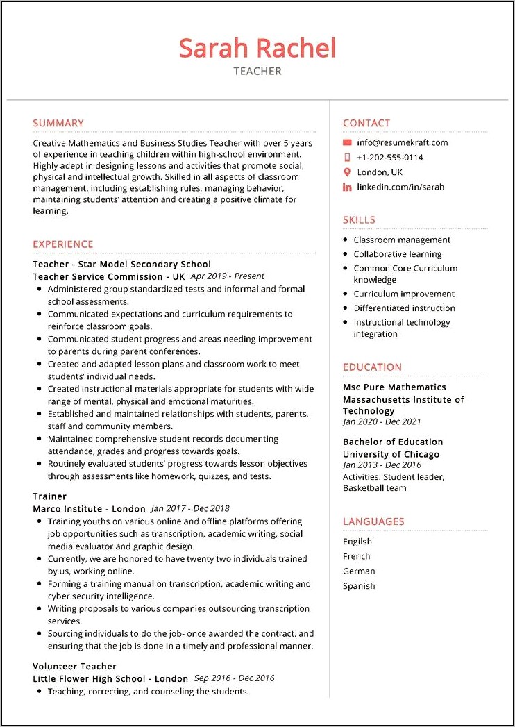 Resume Format For High School Teacher