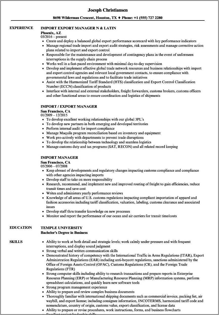 Resume Format For Import Export Manager