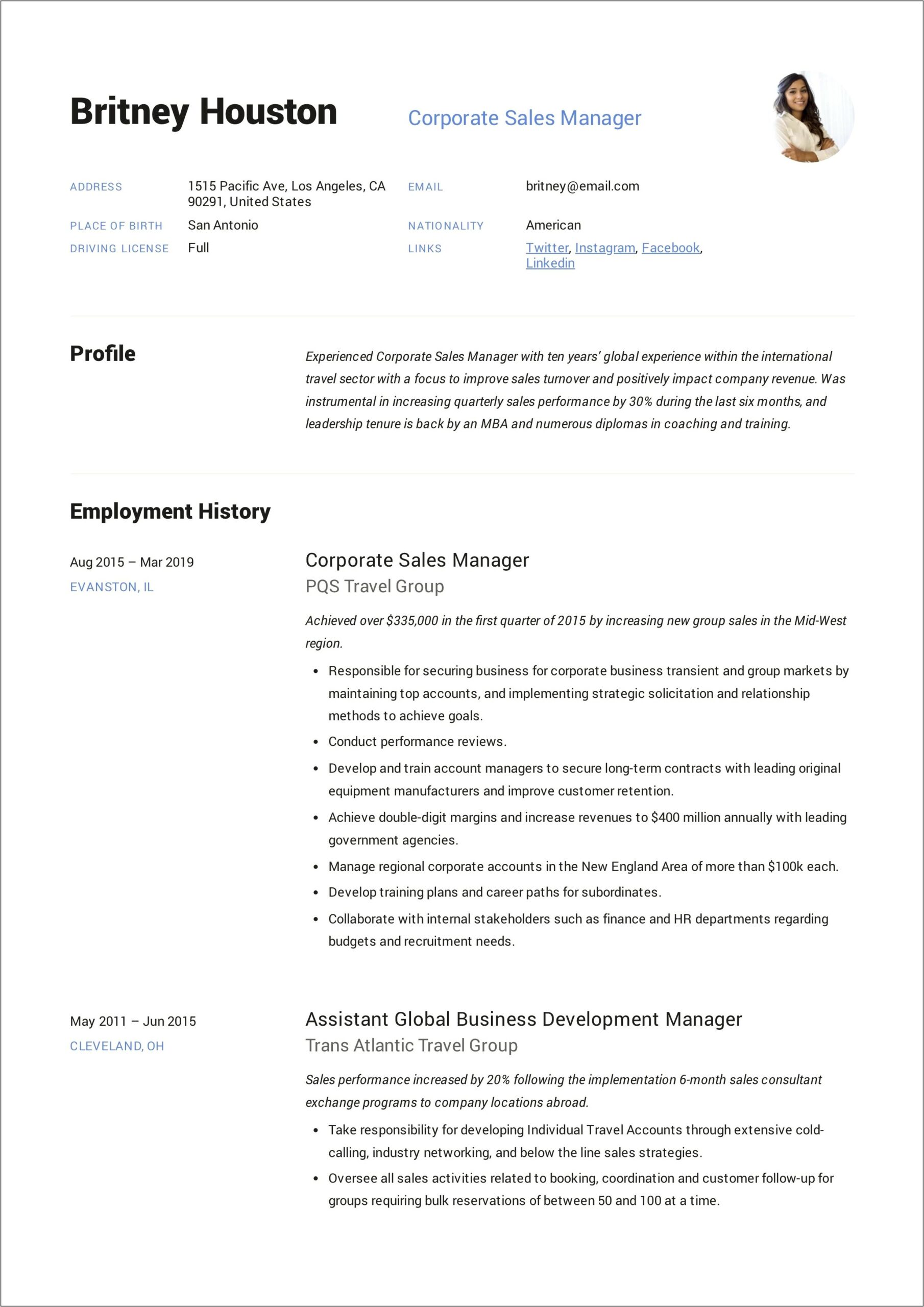 Resume Format For Industrial Sales Manager