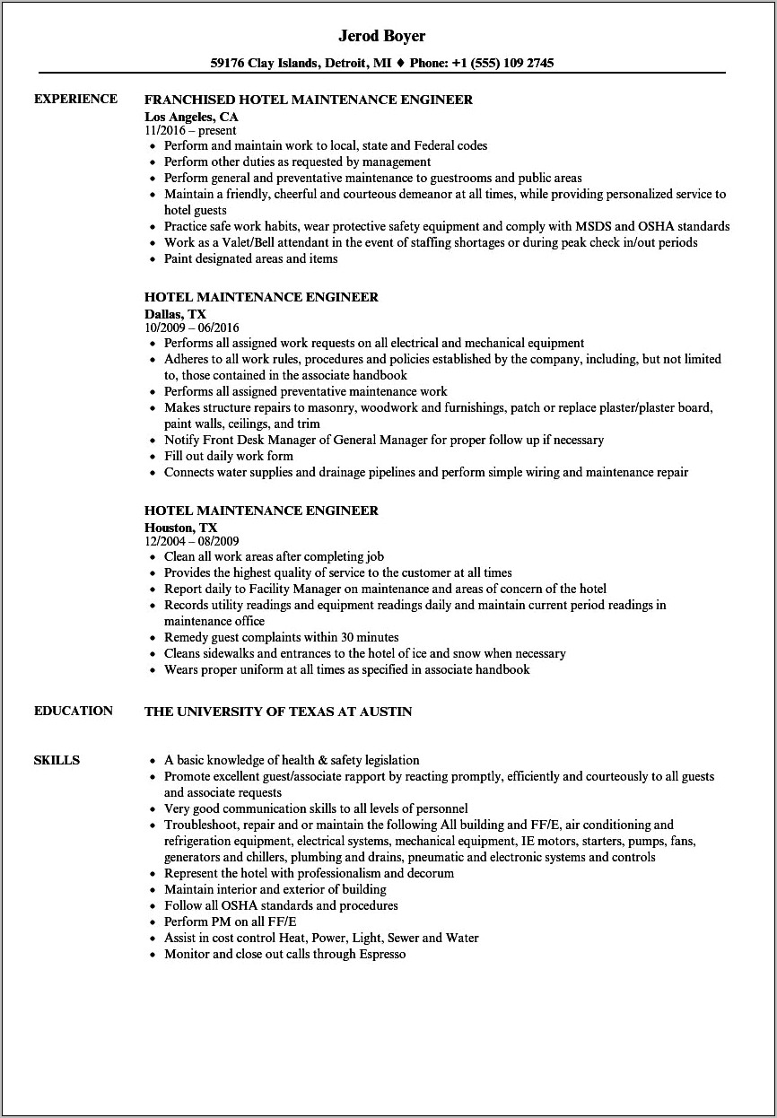 Resume Format For Job In Hotel