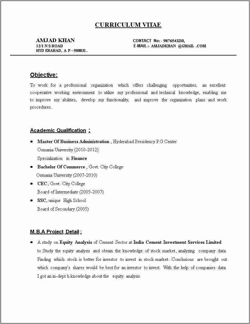 Resume Format For Mba Finance Fresher In Word