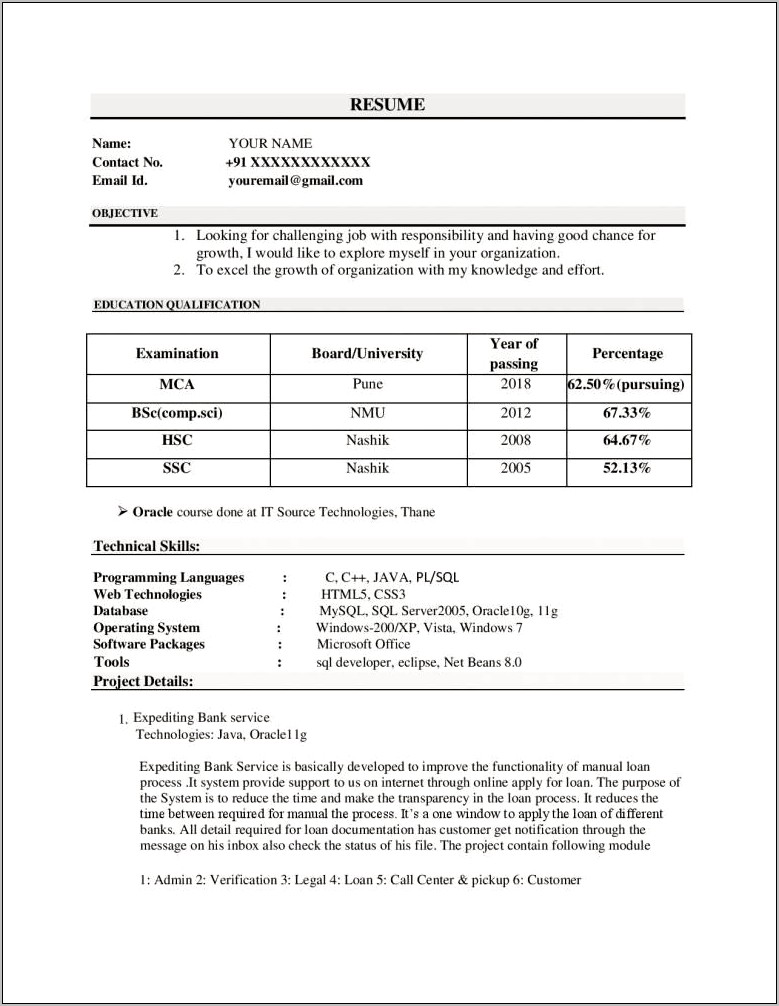 Resume Format For Mca Freshers Free Download Latest