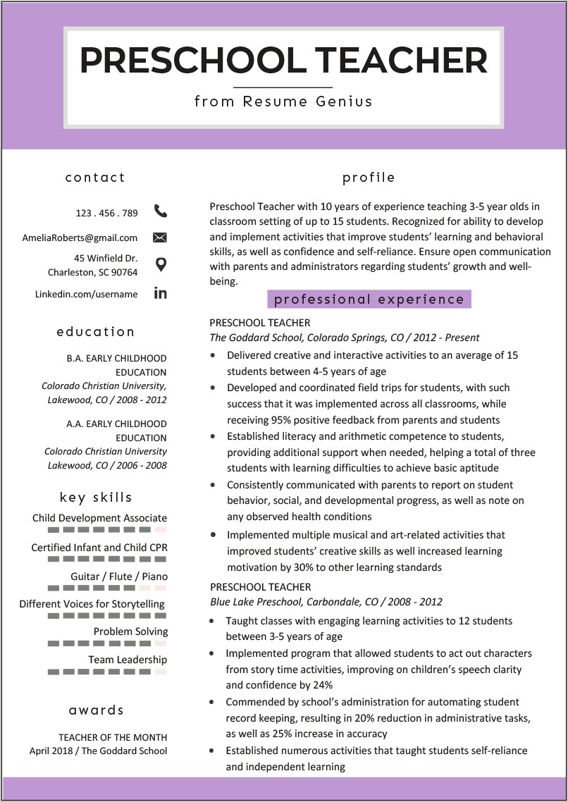 Resume Format For Nursery School Teacher