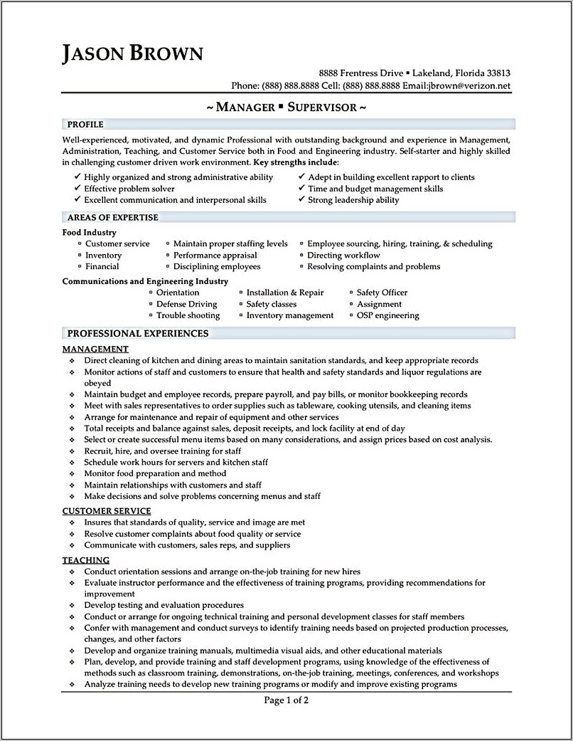 Resume Format For Restaurant Manager