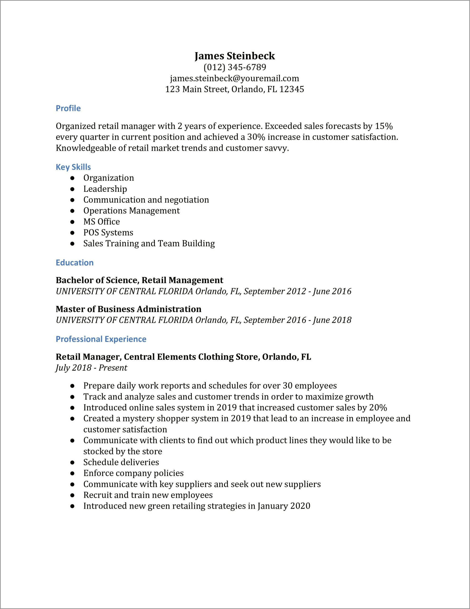 Resume Format For Retail Department Manager