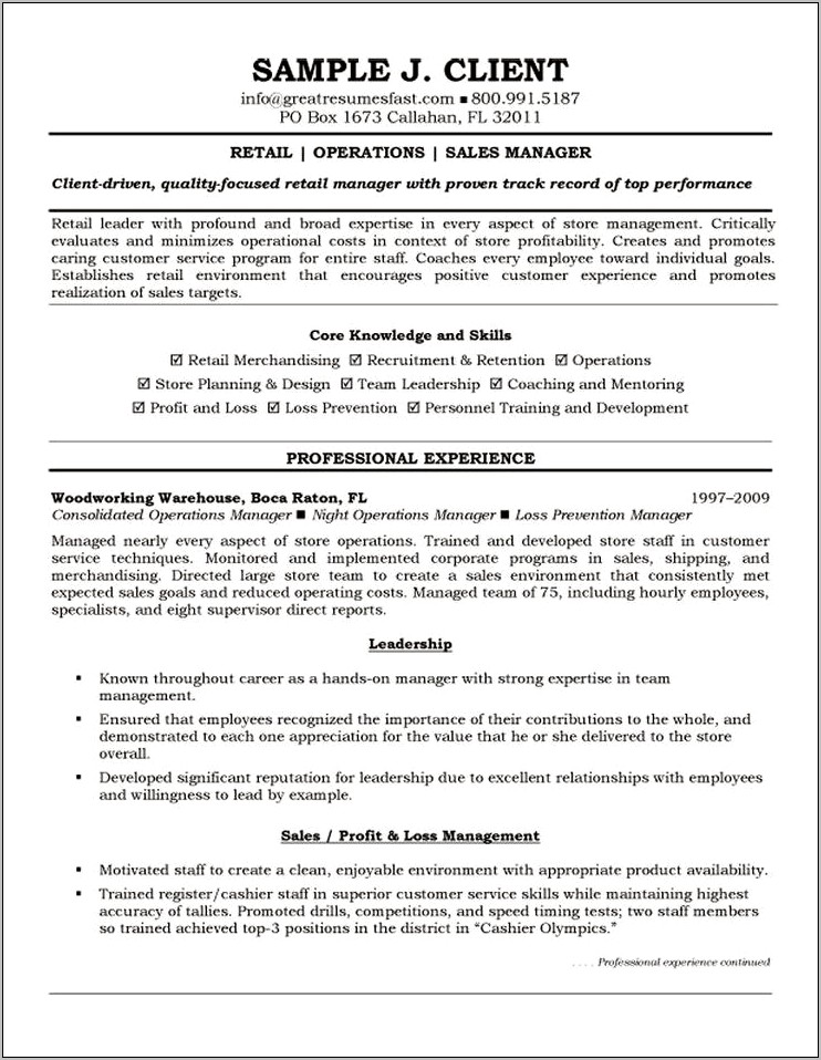Resume Format For Retail Operations Manager