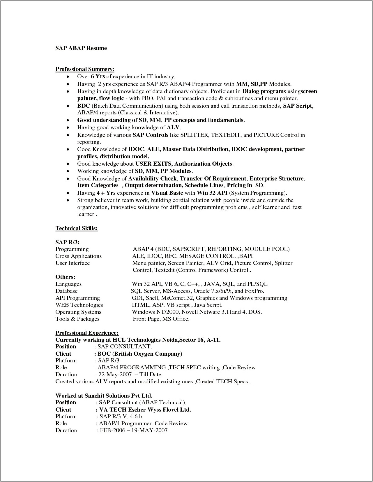 Resume Format For Sap Mm Experience