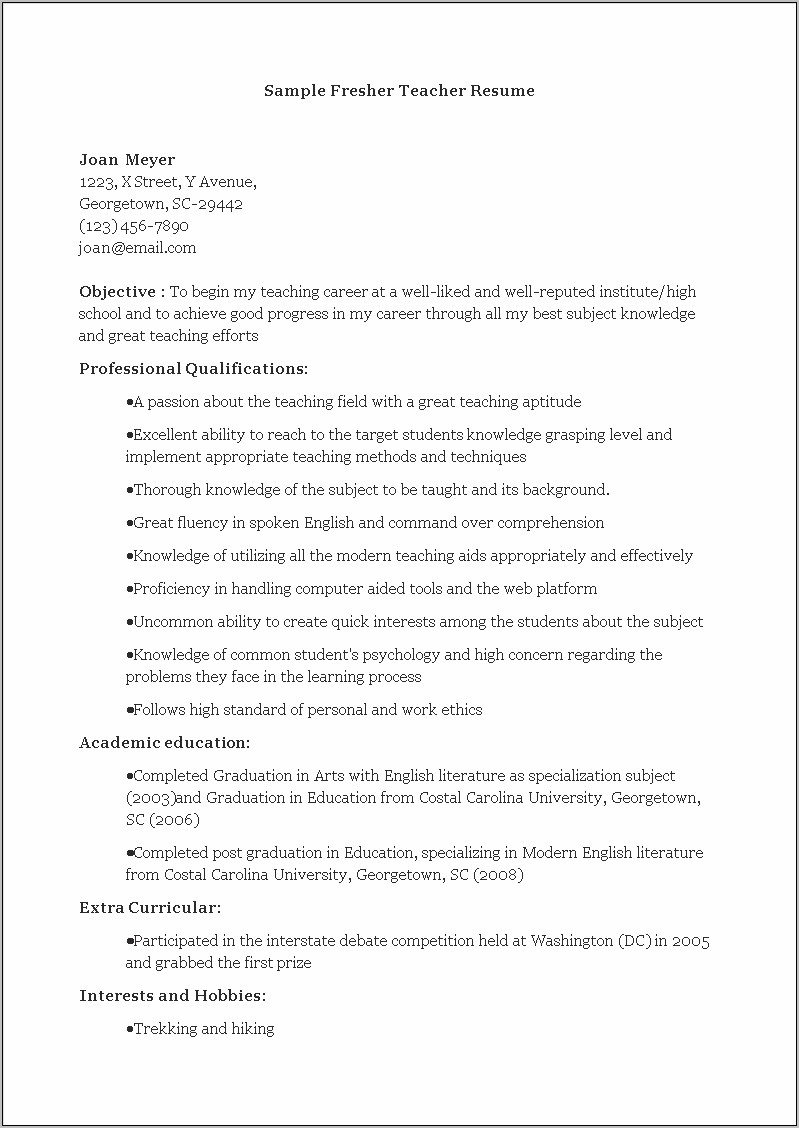 Resume Format For Teacher Job Fresher