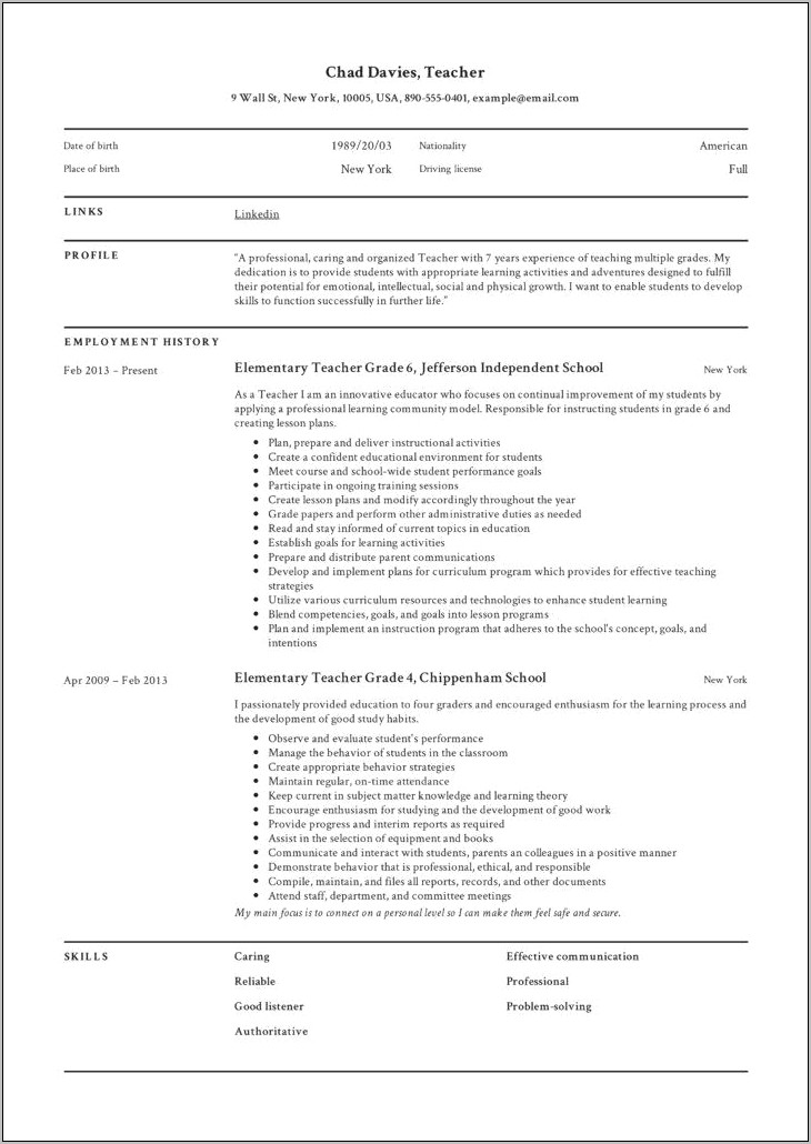 Resume Format For Teaching Job Application