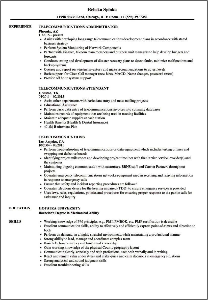 Resume Format For Telecommunication Technician Experience