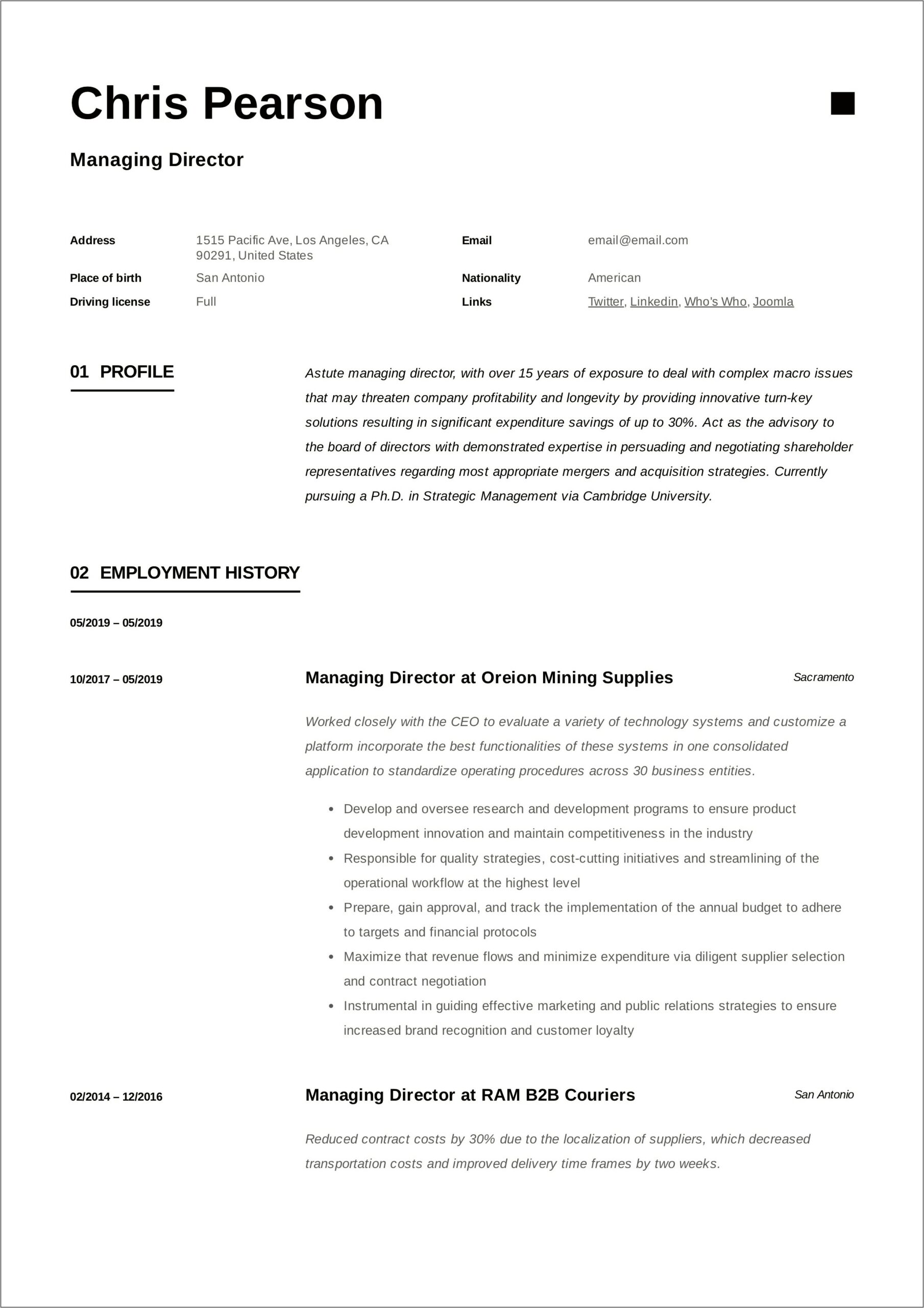 Resume Format For The Post Of Managing Director