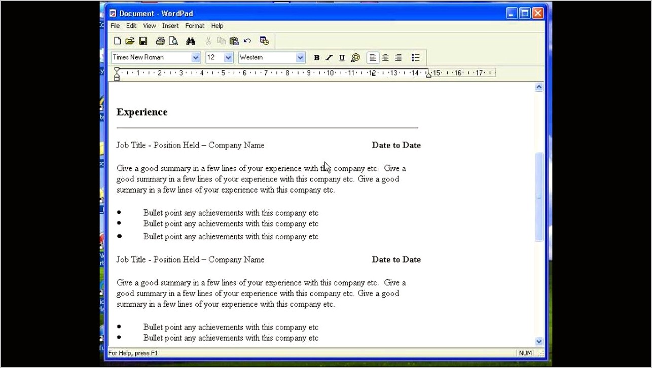 Resume Format For Windows Wp Word Pad