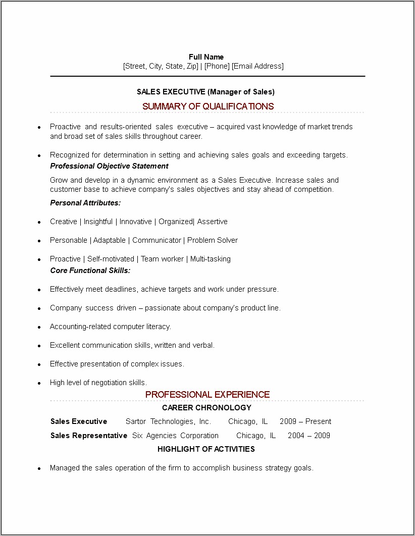 Resume Format In Word For Sales Executive