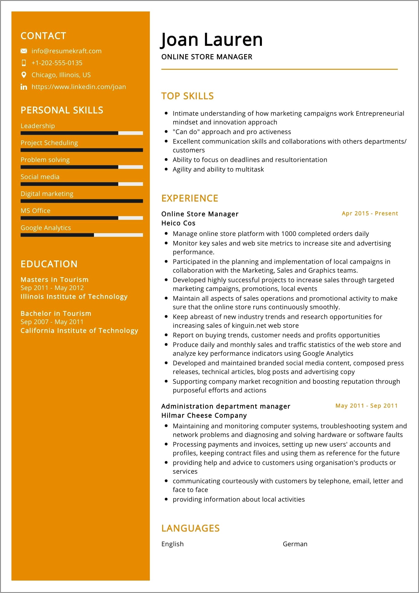 Resume Format In Word For Store Manager