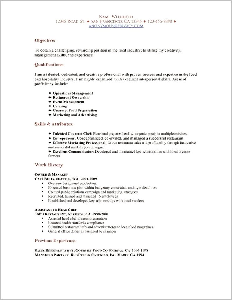 Resume Format Sample For Restaurant Jobs