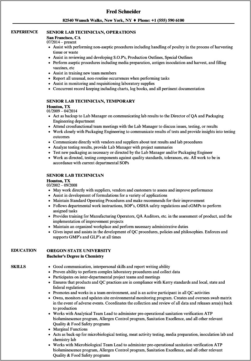 Resume Format Word For Lab Technician