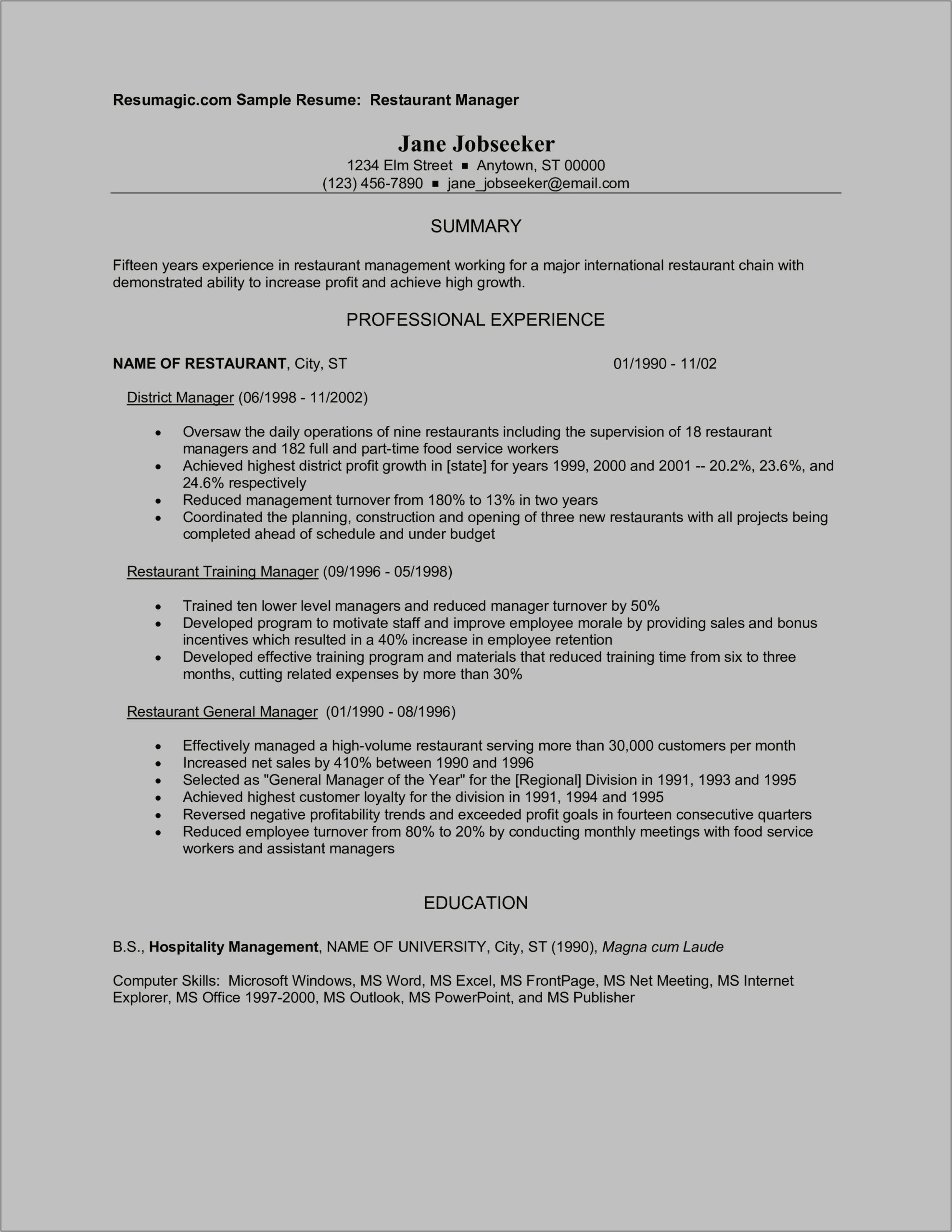 Resume From Restaurant Manager To School Office