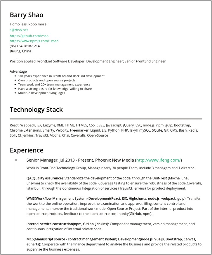 Resume Front End Examples Jquery Css Html