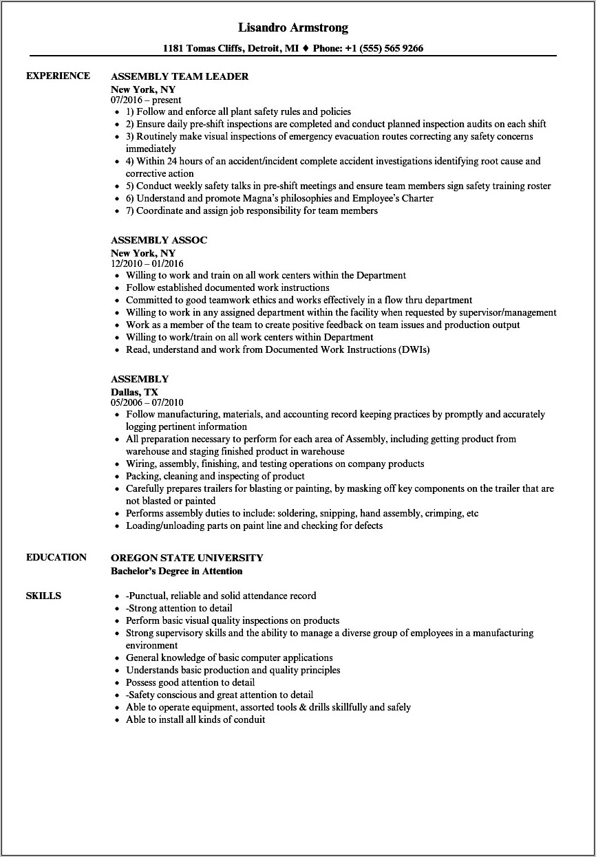 Resume Headliners Examples For Heavy Manufacturing Assembly