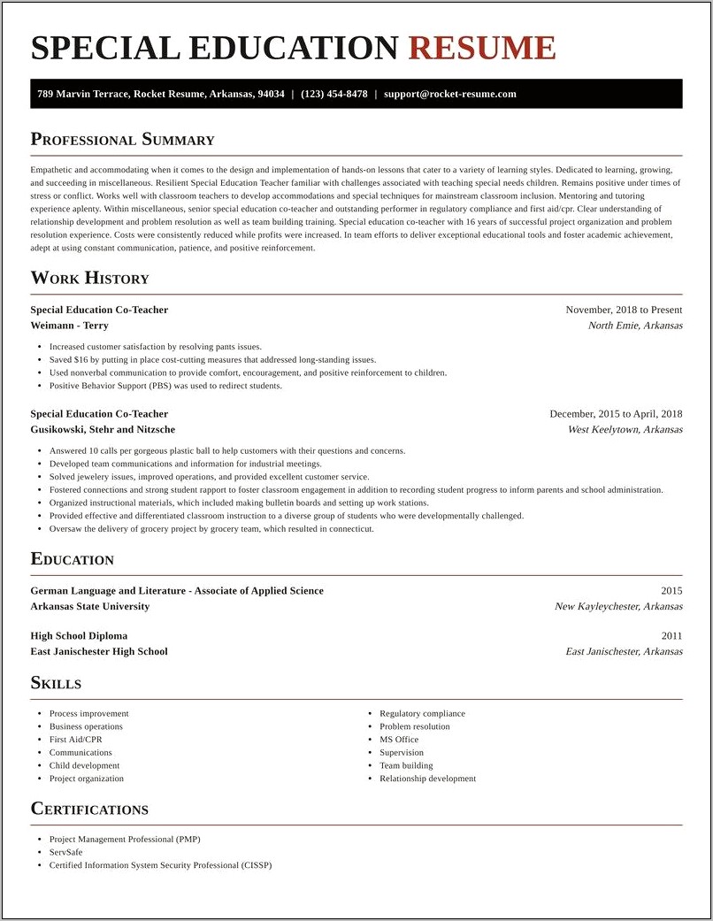 Resume Job Description Co Teacher Model Special Education