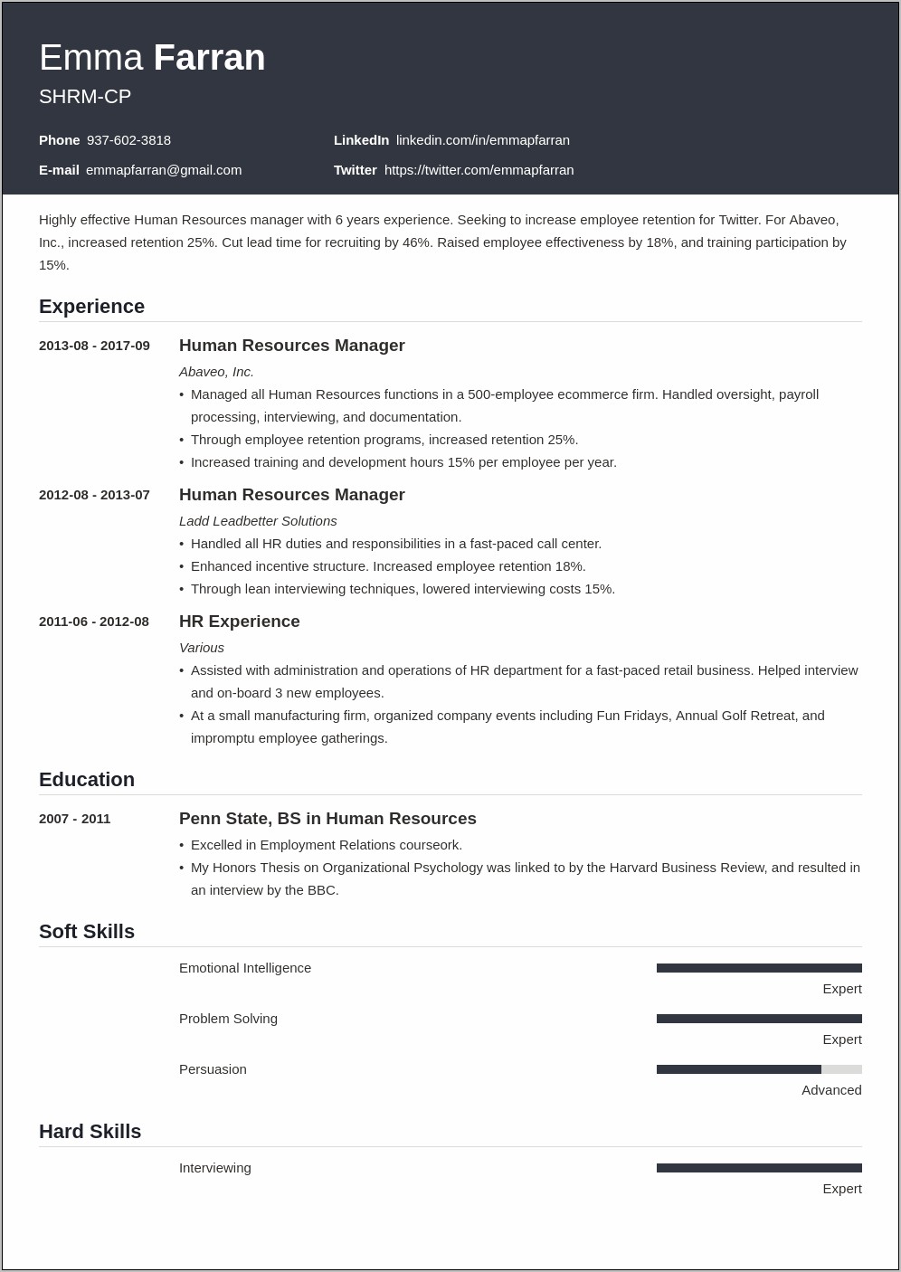 Resume Job Description Examples For Human Resource